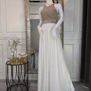 Nude and White Formal Evening Prom Dress Gown